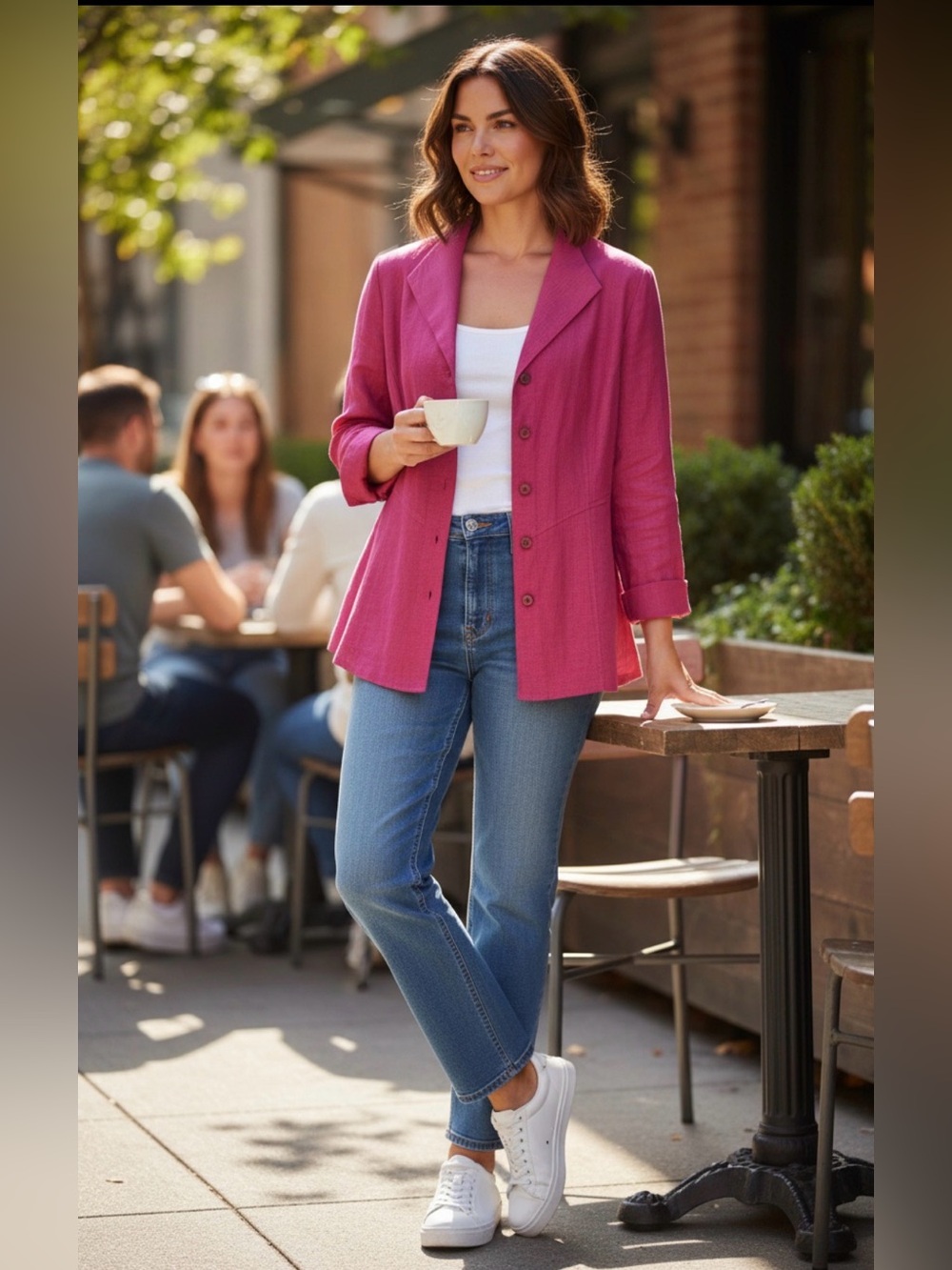 Pink Linen Blend‎ Women's Medium Top Button Front Long Sleeve Colorful Coastal